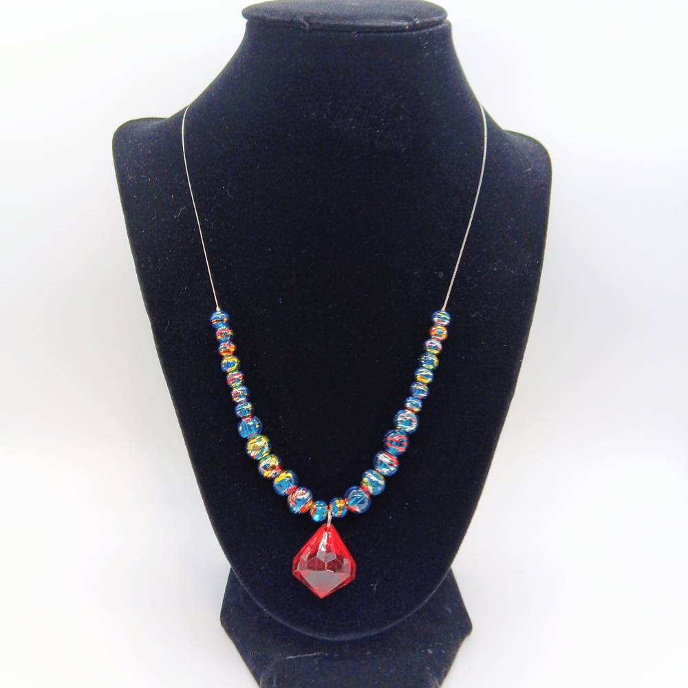 HANDMADE Turquoise Multicolor Beaded Wire Necklace with Red Diamond Focal Charm
